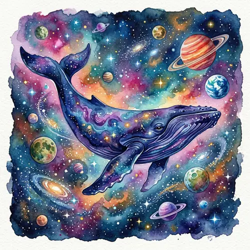 Whale Swimming Through Cosmos Watercolor Artwork