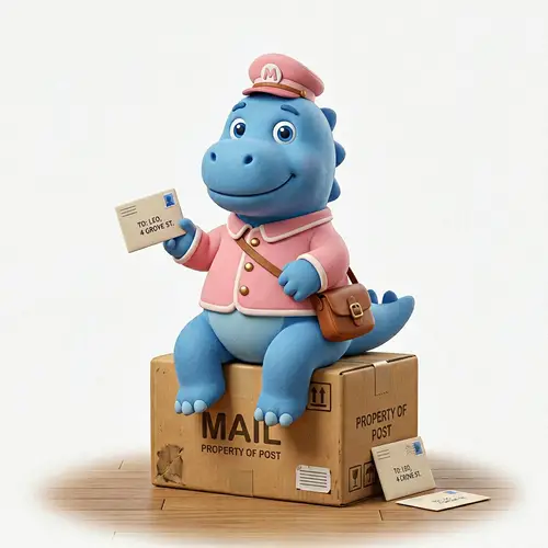 Adorable Blue Dinosaur in Pastel Pink Mail Carrier Outfit