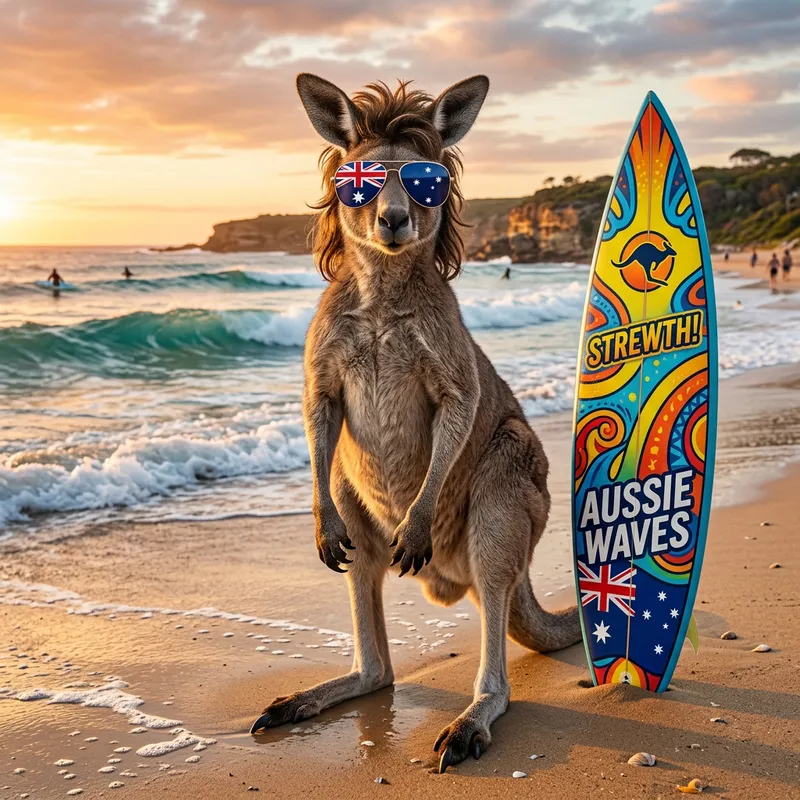Australian Kangaroo with Mullet and Australia Flag Sunglasses on Beach