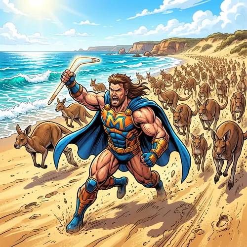 Muscle-Bound Superhero with Kangaroo Army on Sandy Beach