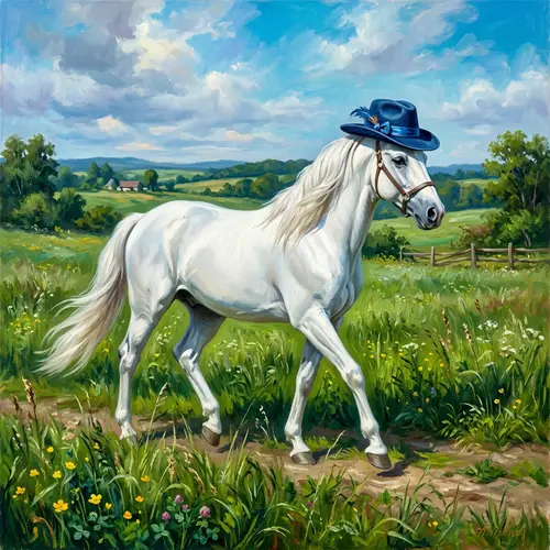 Majestic White Horse with Blue Hat strolling in Green Field