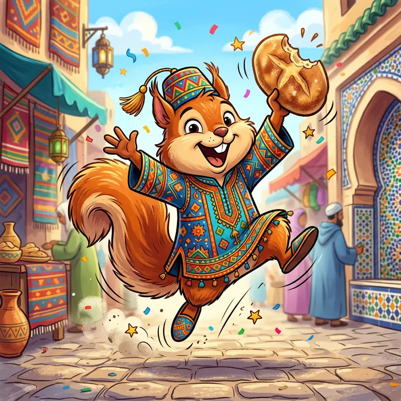 Playful Squirrel Mascot in Vibrant Moroccan Outfit