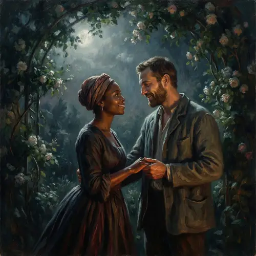 Moonlit Secret Romance: Hispanic and African Descent Lovers in Enchanting Garden