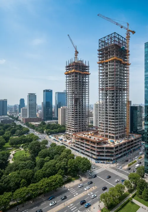 City Construction with Scenic Backdrop