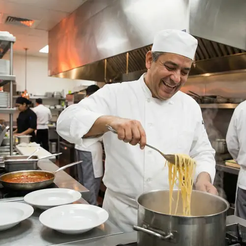 Hispanic Male Chef Prepares Spaghetti in Commercial Kitchen
