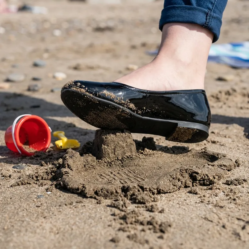 Giant Woman Crushes Sandcastle in Black Flats