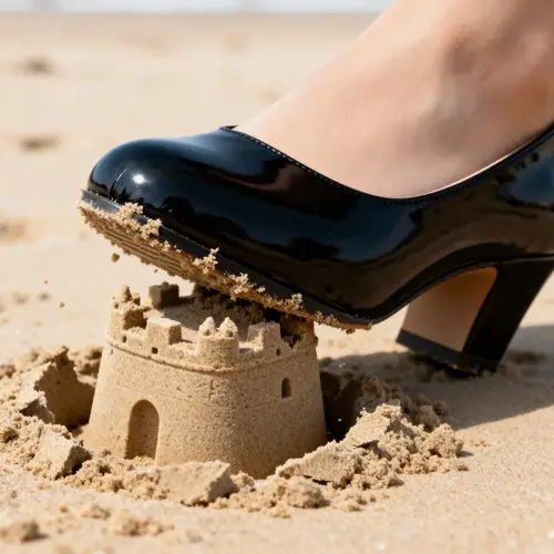 Giant Woman Crushes Sandcastle in Black Flats
