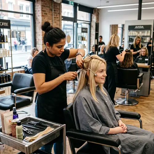 Expert South Asian Hairstylist Applying Tape Hair Extensions in Modern Salon