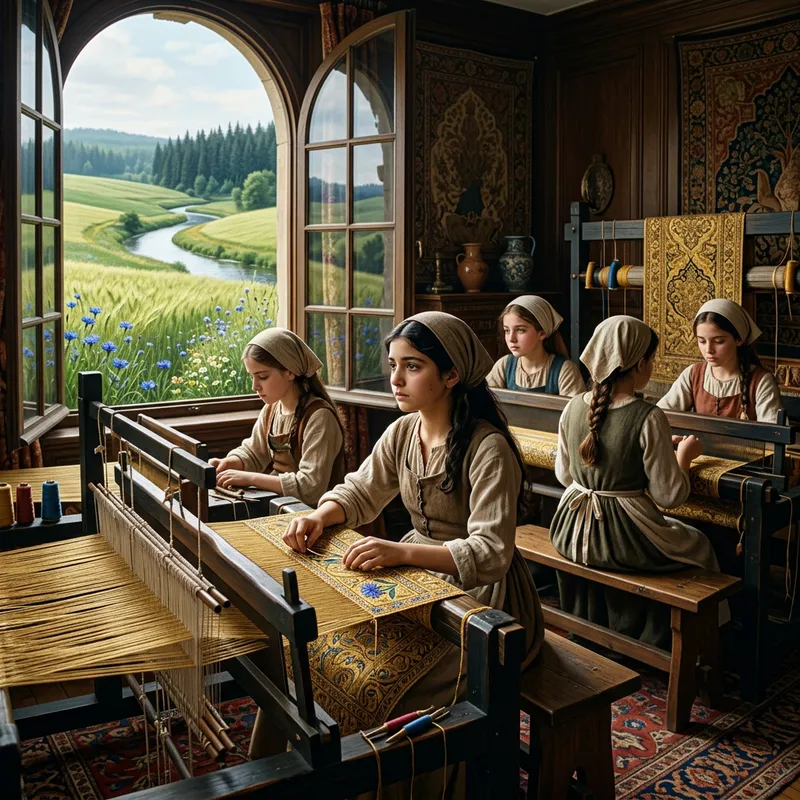 Enchanting Weaving Scene: Longing Hearts in a Manor Adorned with Persian Patterns Enchanting Weaving Scene: Longing Hearts in a Manor Adorned with Persian Patterns