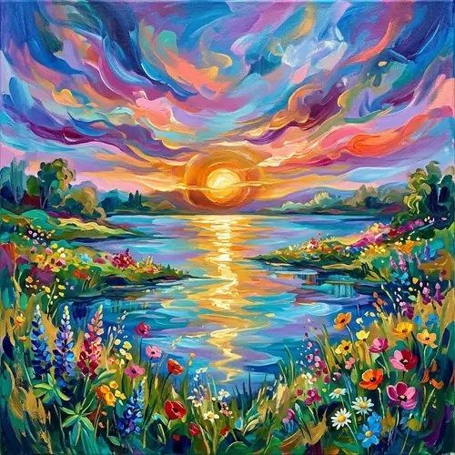Abstract Serene Landscape – Sunsets and Wildflowers