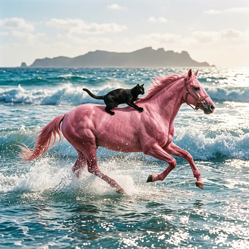 Black Cat Riding Pink Horse on Ocean - Majestic Wildlife