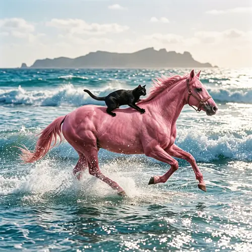 Black Cat Riding Pink Horse in Ocean - Majestic Wildlife Scene