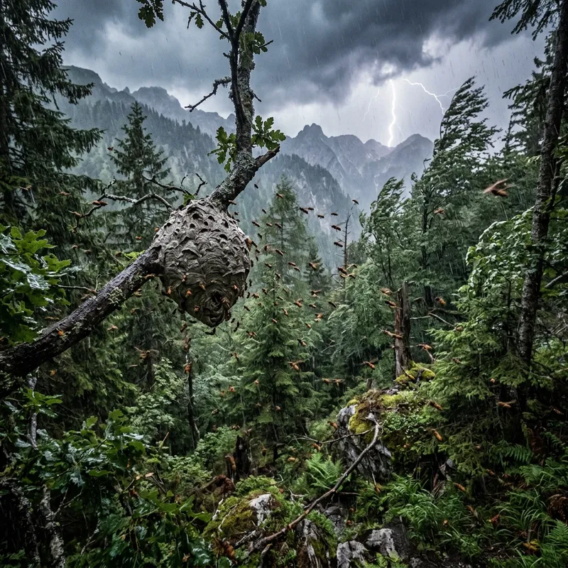 Mountain Forest with Hornets in Thunderstorm