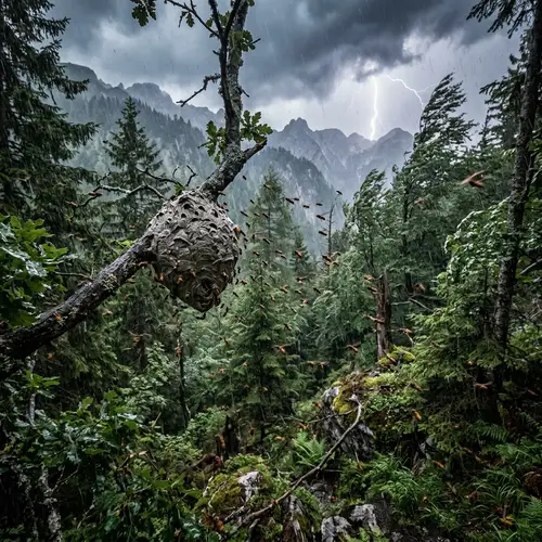 Mountain Forest with Hornets in Thunderstorm