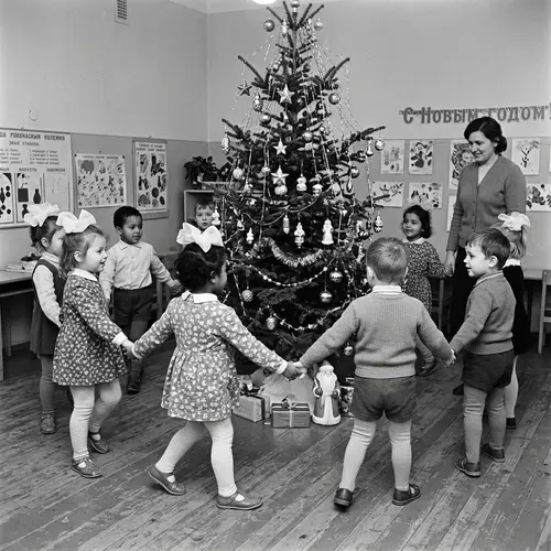 USSR-Era Kindergarten Kids Celebrate Around Christmas Tree
