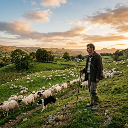 Draw a Shepherd Scene in a Tranquil Sunset Setting