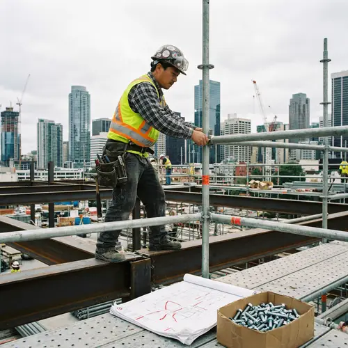 Skilled East Asian Scaffolder at Urban Construction Site
