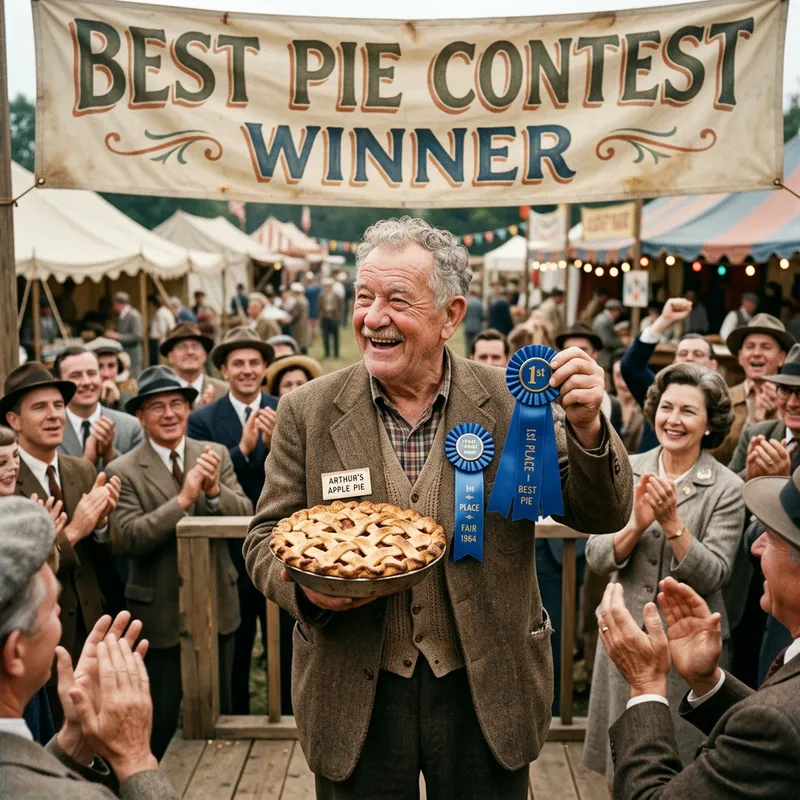Vintage Photo: Elderly Man Joyfully Wins Best Pie Ribbon