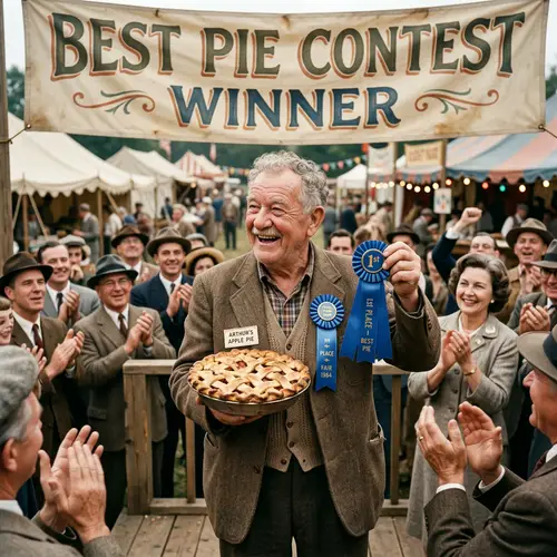 Vintage Photo: Joyful Elderly Man Wins Best Pie Contest