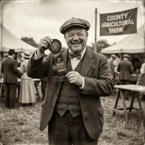 Vintage Small Chubby Man Winning Ribbon | Proud Early 20th Century Champion