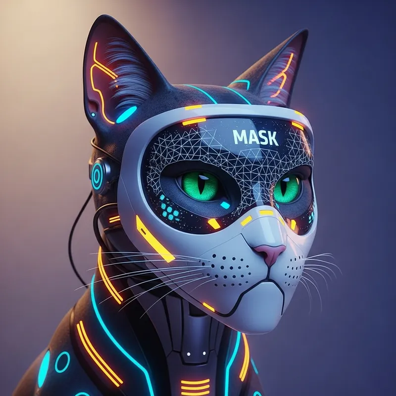 Futuristic Cat with Digital Mask and Glowing Eyes