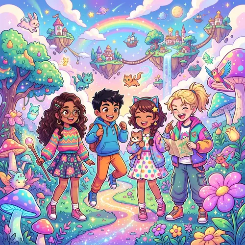 Vibrant Kawaii Anime Characters in Whimsical Setting