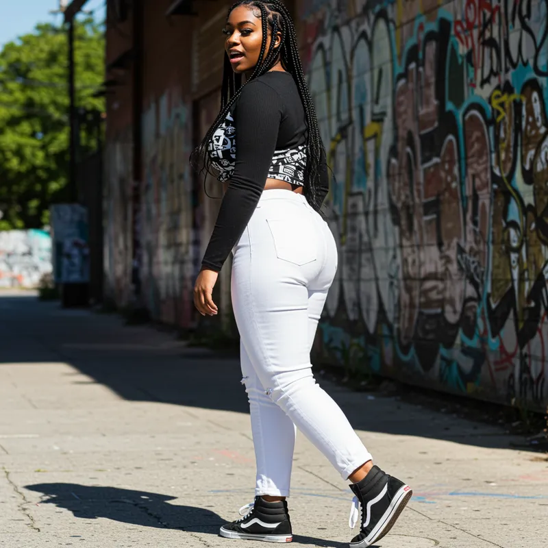 Stylish Curvy Black Urban Woman in Sneakers