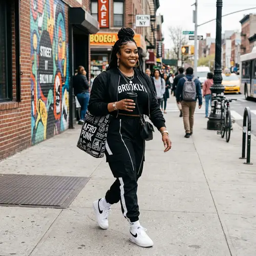 Stylish Curvy Black Urban Woman in Sneakers