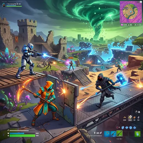 Epic Video Game Battle on Changing Landscape with Unique Characters