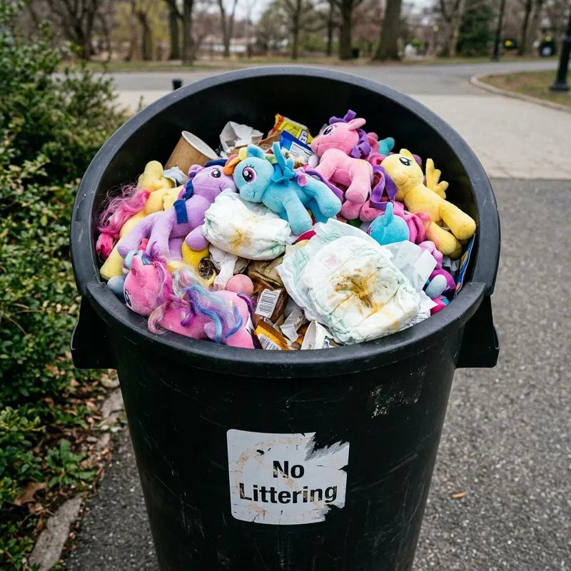 Colorful My Little Pony Plush and Used Diapers in Trash Can