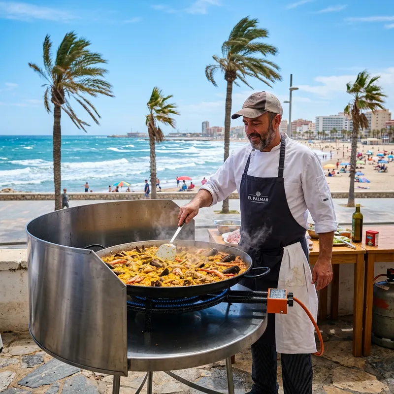 Dramatic Paella Cooking on Valencia Beach Dramatic Paella Cooking on Valencia Beach