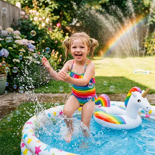 Young Girl Splashing in Garden Pool - Fun Kid-Friendly Scene