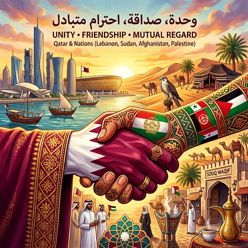 Global Solidarity Art: Multinational Handshake & Qatari Culture