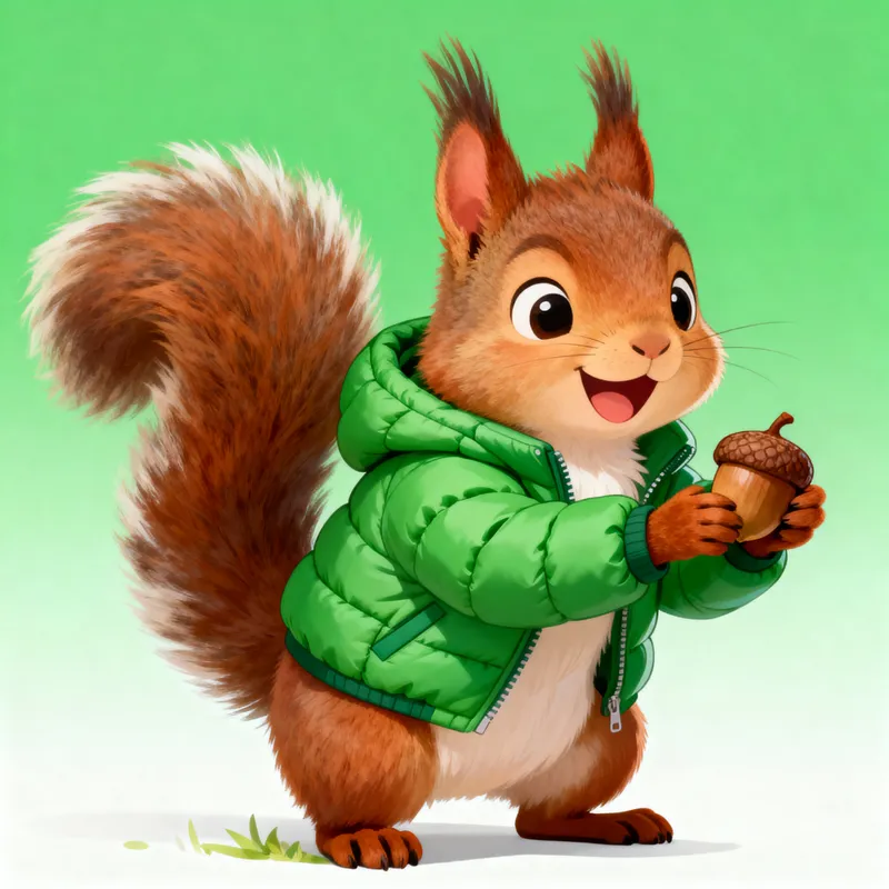 Happy Animated Squirrel with Green Padded Jacket