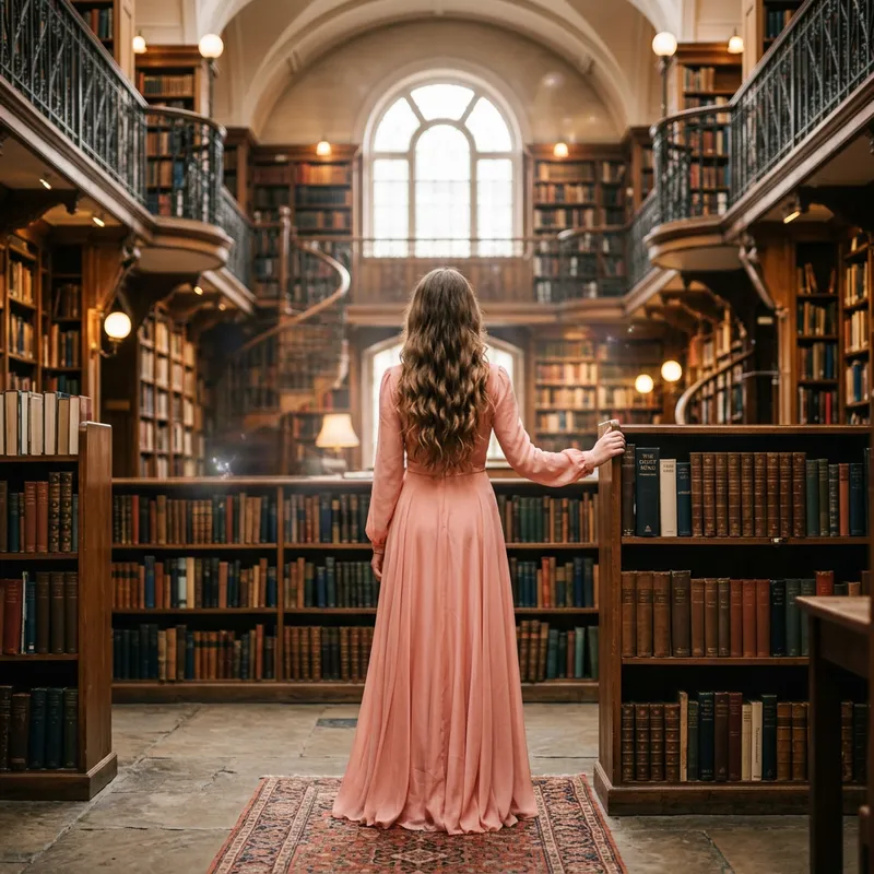 Enchanting Young Girl in Salmon Pink Gown in Ethereal Library Enchanting Young Girl in Salmon Pink Gown in Ethereal Library