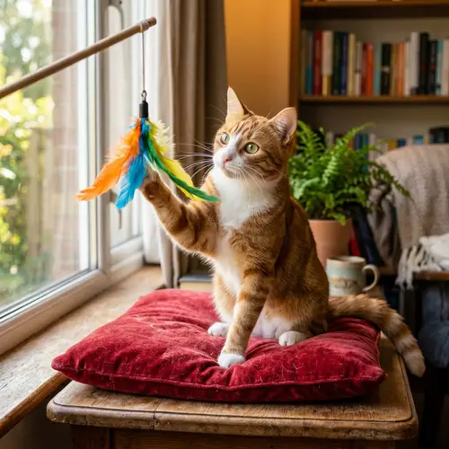 Lively Orange Cat Playing on Red Cushion | Cute Cat Image