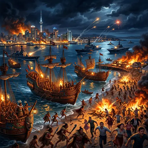Epic Naval Fleet Storms Auckland at Night