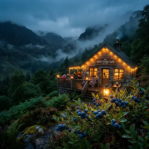 Tranquil Mountain Café: Glow of Blueberries in Warm Lights
