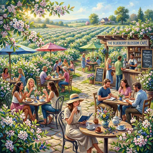 Lively Café Scene with Blueberry Blooms | Artistic Painting