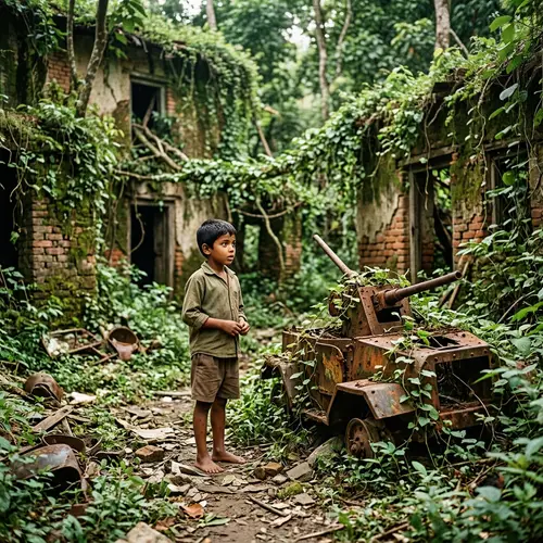 Curiosity of a Boy in an Abandoned Village