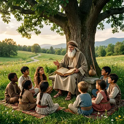 Middle Eastern Male Saint Teaching Diverse Youth Under Ancient Oak Tree