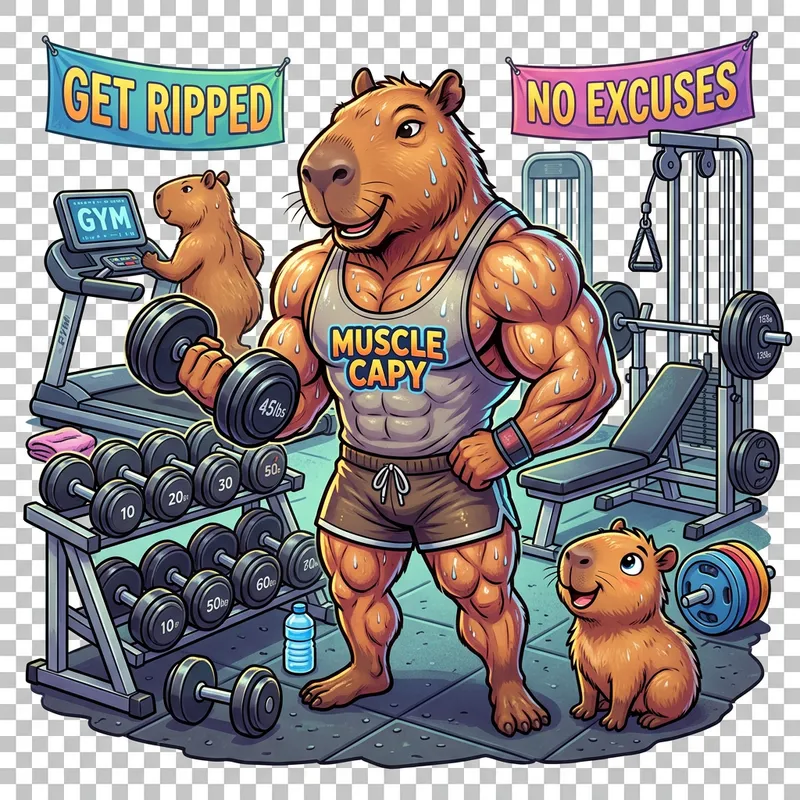 Vibrant Muscular Capybara Cartoon Gym Scene with Dumbbells & Baby