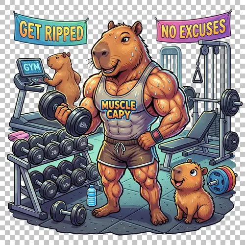 Muscular Capybara Cartoon in Gym with Dumbbells & Baby
