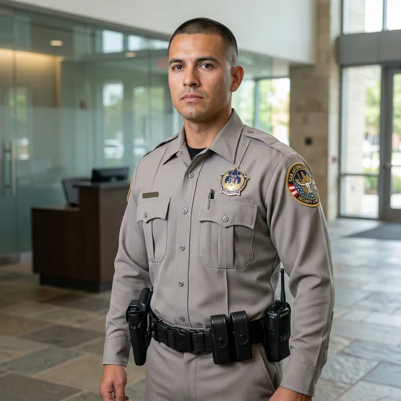 Armed Security Officer AI Model in Silver Tan Uniform