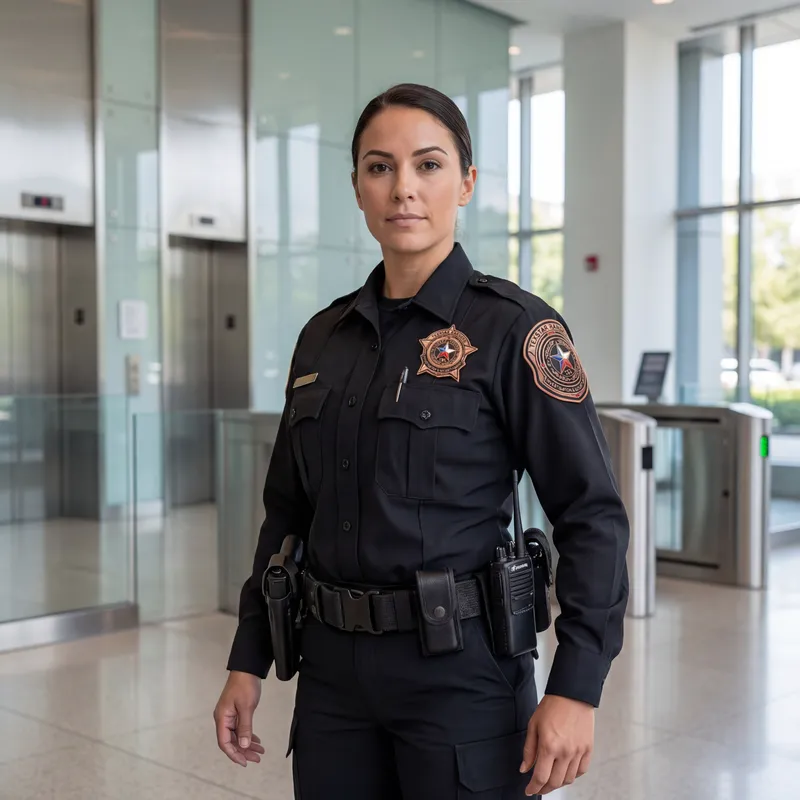 Female Armed Security Officer in Black Uniform
