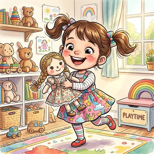 Caricature Illustration: Happy Girl Holding Doll