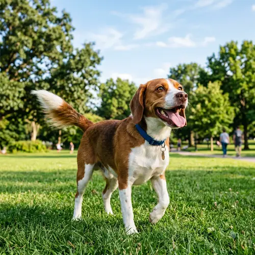 Medium-Sized Brown and White Dog in Lively Stance