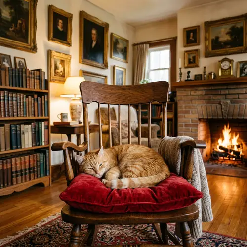 Tranquil Domestic Scene with Orange Tabby Cat on Velvet Cushion