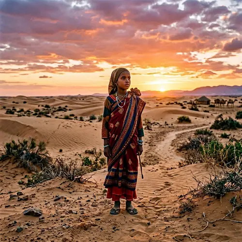 Resilient Somali Girl in Traditional Attire Among Desert Dunes
