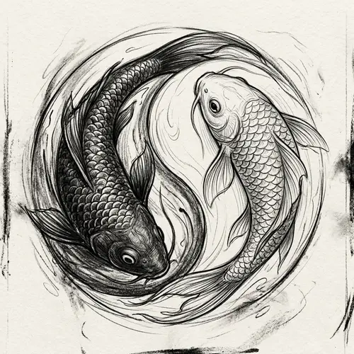 Yin-Yang Fish Art: Intricate Charcoal Sketch